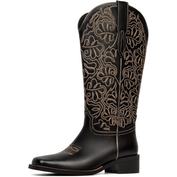 Women's Black Embroidered Square Toe Pull on Cowgirl Western Chunky Heel Boots - Picture 1 of 6